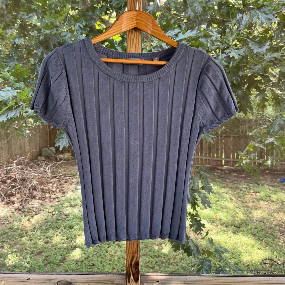 Evolution By Cyrus Women's Slate Blue Ribbed Short Sleeve Sweater Size SP
